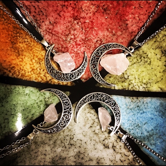 Rose Quartz Crescent Moon Necklace Boho Balance - Picture 3 of 6